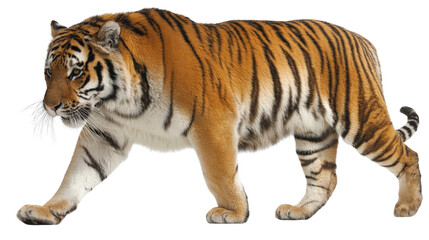 Obraz premium Profile of tiger in stalking posture, muscles tense isolated on a Transparent background, PNG file.