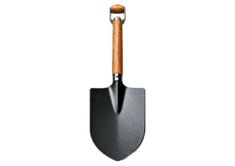Metal shovel with a wooden handle isolated on transparent or white background