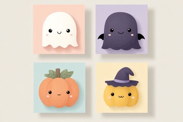 Cute Halloween Illustration Featuring Ghosts and Pumpkins in Fun Cartoon Style
