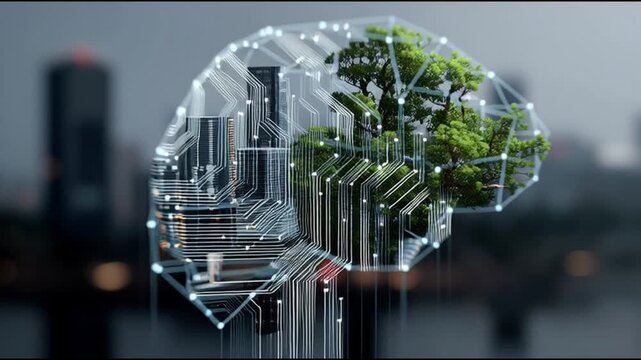 Agentic AI autonomous innovation. AI agent innovation. Intelligent automation smart system. A blend of nature and technology represented in a brain shape.