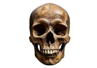 Ancient weathered human skull with eroded surface, hollow eye sockets, worn teeth, isolated on transparent or white background