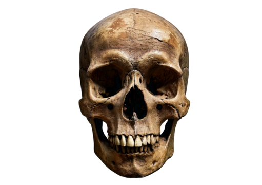 Ancient weathered human skull with eroded surface, hollow eye sockets, worn teeth, isolated on transparent or white background