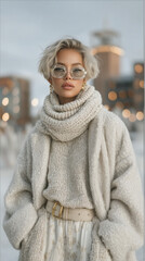 Young woman with short wavy blonde hair wearing big glasses and cozy white sweater in snowy cityscape. Soft winter light completes the picture