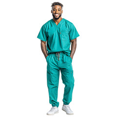 Male doctor wearing teal green OT dress with V-neck scrub top and drawstring pants, standing confidently with hands in pockets, clean professional look, isolated on transparent background --s 250
