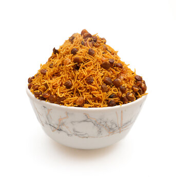 Dalmoth namkeen snacks in white decorated bowl