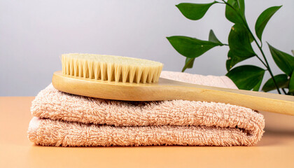 Self-Care Essentials: A spa-like arrangement of a wooden brush and clean, soft towels offers a sense of comfort and well-being, enhanced by the soothing presence of natural greenery.