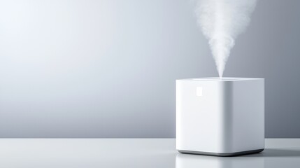 A modern air purifier on a white surface with soft lighting, balanced composition with ample copy space for text, advertising background