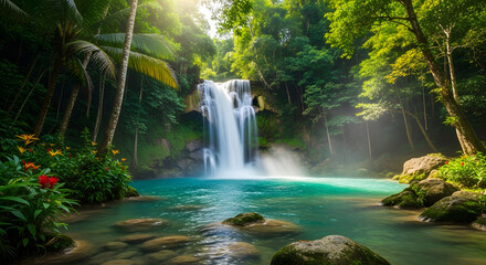 Serene tropical paradise: Majestic waterfall cascades into a tranquil turquoise pool surrounded by lush greenery and vibrant flowers creating a captivating landscape offering a sense of peace