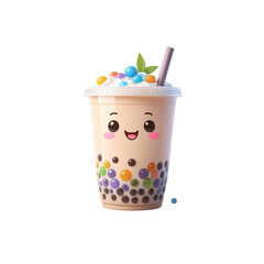 3D Cute kawaii bubble tea with smiling face and colorful tapioca pearls, white background