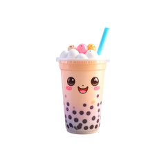 Cute kawaii bubble tea with smiling face and colorful tapioca pearls, white background