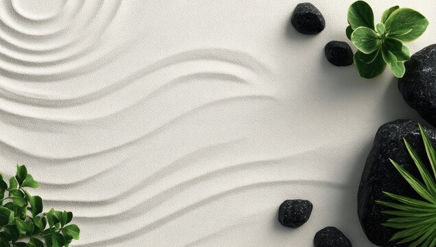 Serene zen garden; white sand raked into flowing patterns, dark stones, & lush green plants
