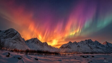 Vivid aurora borealis display over snow-capped mountains at night