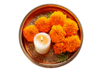 Decorative tray with marigold flowers and candle isolated on transparent or white background