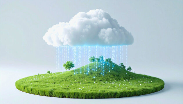 Cloud computing and green technology concept. Digital data rain in the form of binary code falling from a cloud onto a lush green island.