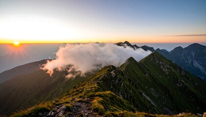 Sunrise Over Jagged Mountain Peaks with Wispy Clouds.