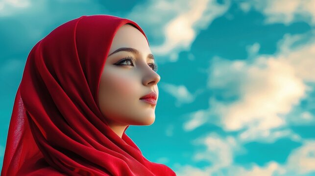 beautiful Muslim woman wearing a red hijab with a beautiful background of blue sky and nature