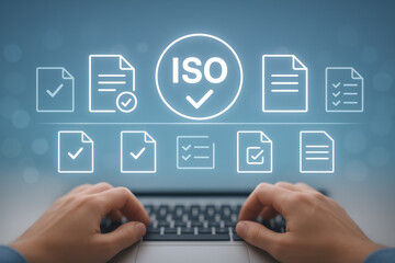 ISO certification concept with checklist icons and hands typing on laptop keyboard