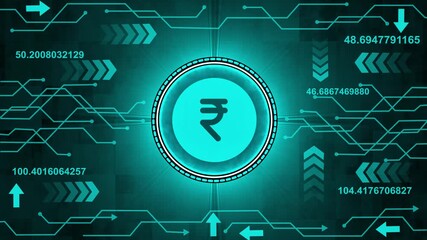 Rupee-symbol stable coin currency business and digital money hologram symbol appears on a digital background. digital money logo with rotation HUD UI circle technology interface. 4k video animation.  - Powered by Adobe