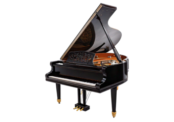 Grand piano open lid with intricate wood Black isolated on transparent or white background