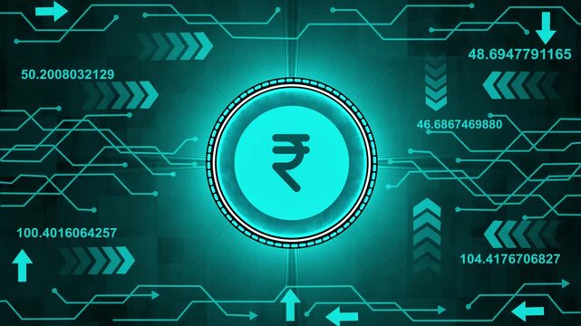 Rupee-symbol stable coin currency business and digital money hologram symbol appears on a digital background. digital money logo with rotation HUD UI circle technology interface. 4k video animation. 
