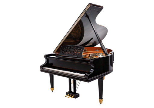 Grand piano open lid with intricate wood Black isolated on transparent or white background