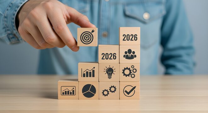 2026 Business strategy concept with hand stacking wooden blocks showing numbers and icons symbolizing growth goals planning success process and teamwork