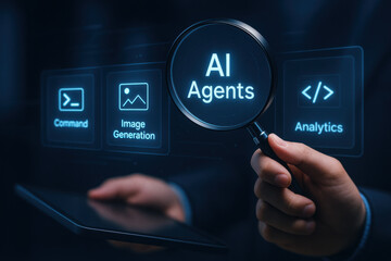 AI agents concept with magnifying glass and digital icons for command, image generation