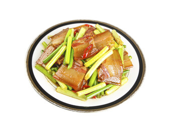 Smoked Bacon Stir Fry with Scallions and Vegetables on White Plate - Tasty Asian Dish