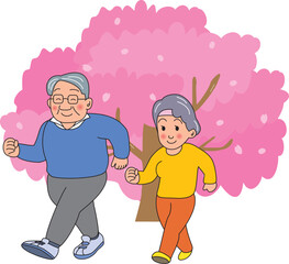 桜並木をウォーキングする老夫婦
