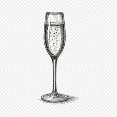 Vintage Champagne Flute Sketch – Hand-Drawn Black and White Illustration of Sparkling Wine Glass and wine, drink, empty, alcohol, isolated, white, wineglass, transparent, beverage, object.