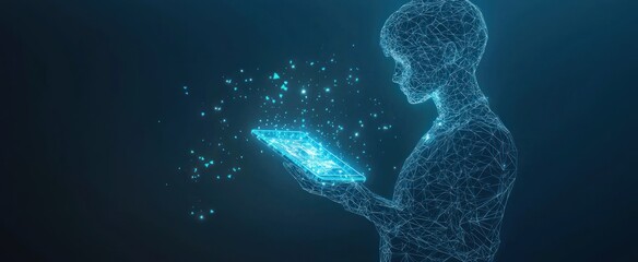 Abstract wireframe man holding tablet with AI chip hologram. Technology innovation background. Tech bg. Artificial intelligence concept. Scientist with AI processor. 3D low poly illustration