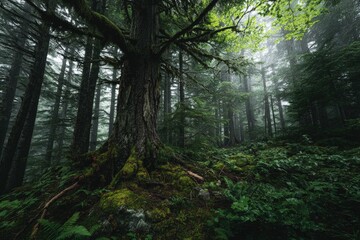 Fototapeta premium Misty Forest Scene With Sunlight Peeking Through Canopy