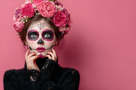 Scary woman with skull makeup, prepares for Day of Dad in Mexico, has dark cirles around eyes, painted lps, wears peony wreath andblack clothing, ready for opular carnival, isolated n pink wall