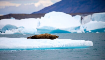 Solitary seal resting peacefully on an iceberg in a glacial lagoon, Arctic wildlife habitat