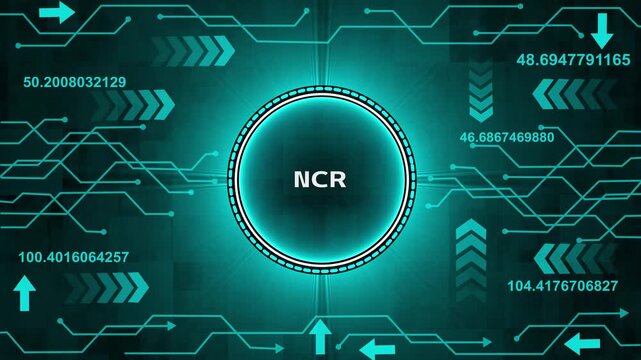 Neon glowing N C R logo with digital circuit board and data streams futuristic technology. 4k video animation. abstract background internet of things animation concepts