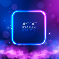 Modern abstract neon background in pink purple and blue, glowing squares with smoke and futuristic round lights, digital banner poster design, elegant marketing, not AI generated