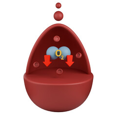 Hypoxemia 3d icon, shows oxygen molecule, downward red arrows and red blood cells inside large dark red blood drop.