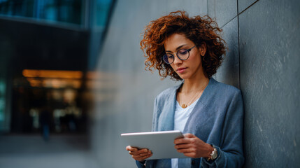 Businesswoman curly hair eyeglasses digital tablet modern office professional technology confident outdoor urban
