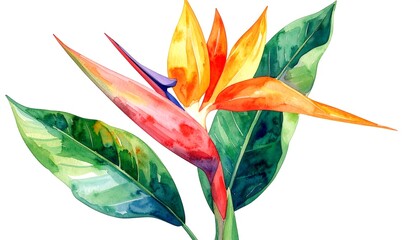 Watercolor depiction of a vibrant bird of paradise flower and lush foliage