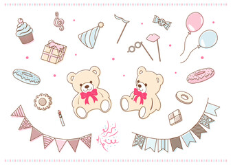 スイーツと飾り付きテディベアのかわいい誕生日パーティーイラスト　Cute Teddy Bear Birthday Party Illustration with Sweets and Decorations