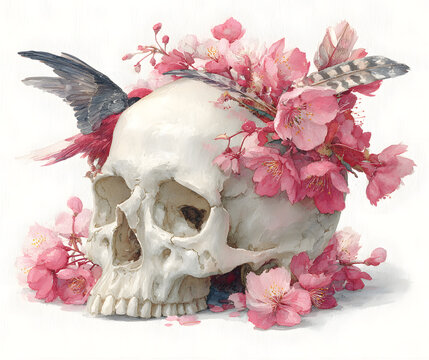 Human skull with cherry blossom flowers , feathers, ird for Day of the Death. atercolor