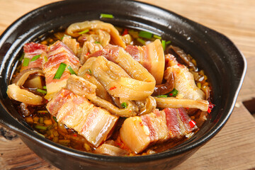 Bacon Eggplant Stew with Green Onions in Black Bowl - Asian Braised Vegetable Dish