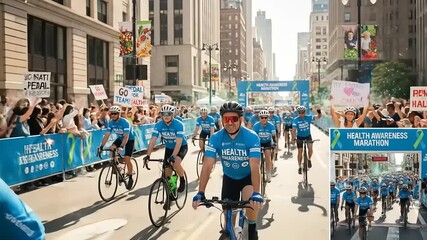 A vibrant health awareness marathon featuring cyclists in blue jerseys riding through a bustling city street