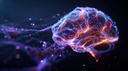 AI brain hologram with interconnected neural pathways, showcasing big data processing and technological innovation. Vibrant holographic glow with intricate details.
