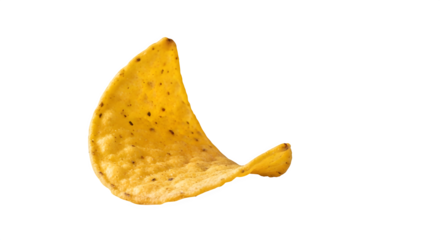 Single corn tortilla chip isolated on transparent background, a crunchy and salty snack, perfect for appetizers, parties, and celebrations, close up shot