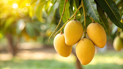 Ripe Mango hanging on tree branch in garden, Mangoes on tree in natural warm sunlight background