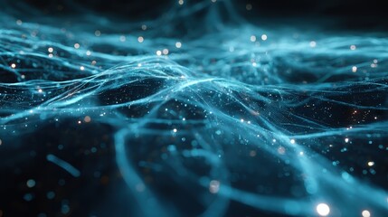 An abstract tech background that visualizes the internet as an infinite, intricate network of pulsing nodes and light pathways, showing the flow of big data and the essence of global connection.