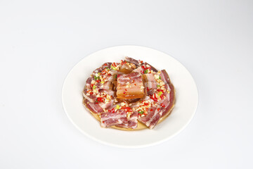 Gourmet Smoked Pancetta Appetizer Plate with Jelly Cubes and Herb Garnish - Fine Dining Delicacy