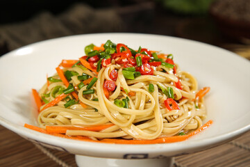 Mixed Buckwheat Noodles with Vegetables on White Plate - Healthy Asian Cuisine Dish