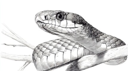 Detailed Black and White Illustration of a Snake on a Branch
